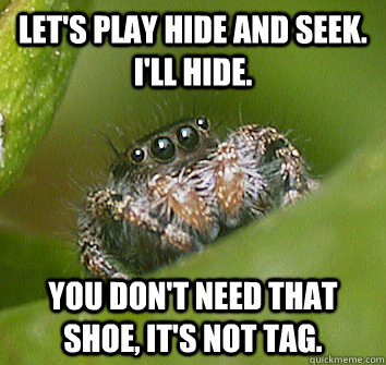 Let's play hide and seek. I'll hide. You don't need that shoe, it's not tag. - Let's play hide and seek. I'll hide. You don't need that shoe, it's not tag.  Misunderstood Spider