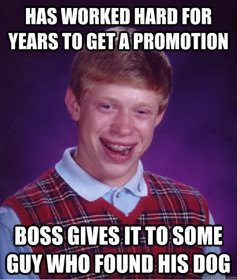 Has worked hard for years to get a promotion Boss gives it to some guy who found his dog  Bad Luck Brian