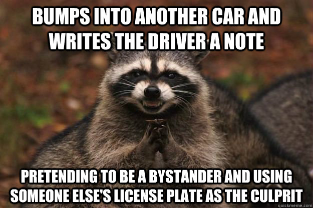 Bumps into another car and writes the driver a note pretending to be a bystander and using someone else's license plate as the culprit - Bumps into another car and writes the driver a note pretending to be a bystander and using someone else's license plate as the culprit  Evil Plotting Raccoon