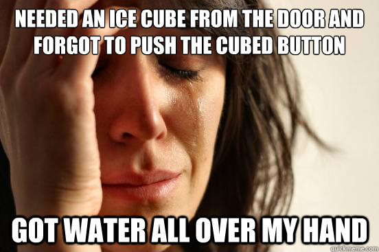 Needed an ice cube from the door and forgot to push the Cubed button got water all over my hand - Needed an ice cube from the door and forgot to push the Cubed button got water all over my hand  First World Problems