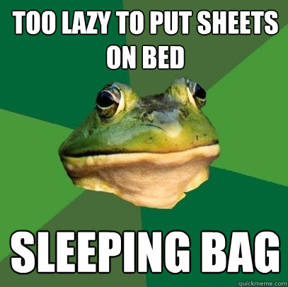 Too lazy to put sheets on bed Sleeping bag  Foul Bachelor Frog