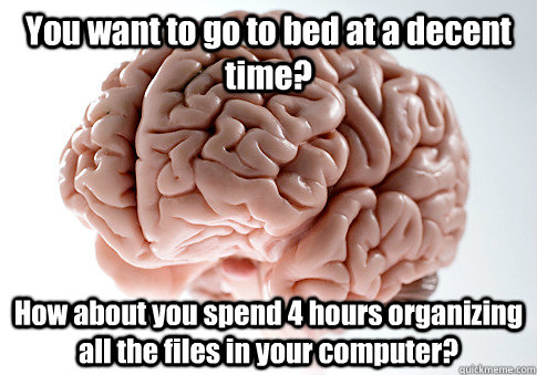 You want to go to bed at a decent time? How about you spend 4 hours organizing all the files in your computer?   Scumbag Brain