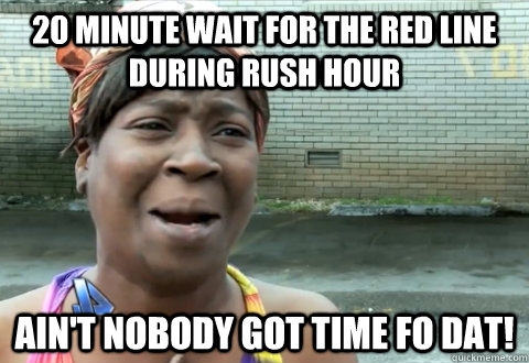 20 minute wait for the red line during rush hour Ain't nobody got time fo dat!  aint nobody got time