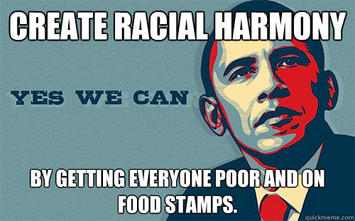 create racial harmony by getting everyone poor and on food stamps.  Scumbag Obama