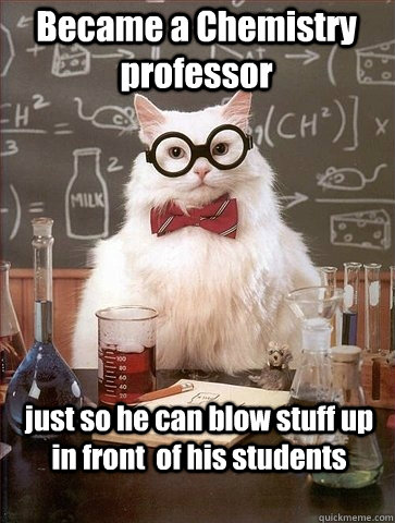 Became a Chemistry professor just so he can blow stuff up in front  of his students - Became a Chemistry professor just so he can blow stuff up in front  of his students  Chemistry Cat