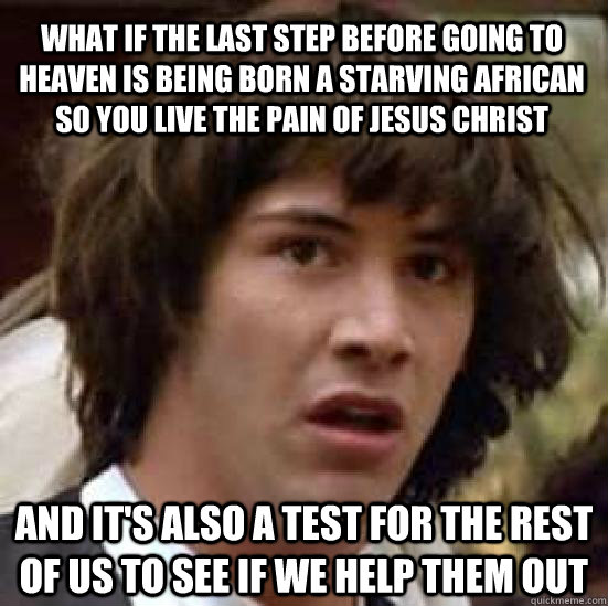 What if the last step before going to heaven is being born a starving african so you live the pain of jesus christ and it's also a test for the rest of us to see if we help them out  conspiracy keanu