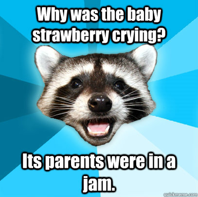 Why was the baby strawberry crying? Its parents were in a jam. - Why was the baby strawberry crying? Its parents were in a jam.  Lame Pun Coon