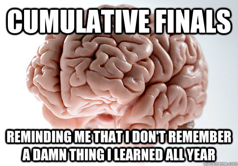 Cumulative finals  reminding me that I don't remember a damn thing I learned all year  - Cumulative finals  reminding me that I don't remember a damn thing I learned all year   Scumbag Brain