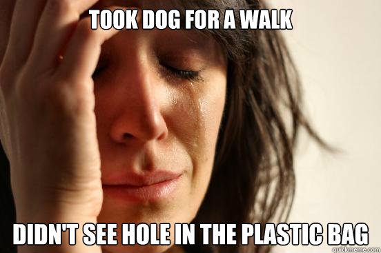 took dog for a walk didn't see hole in the plastic bag
  First World Problems