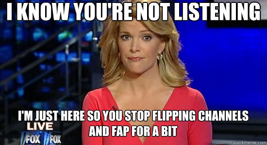 I know you're not listening I'm just here so you stop flipping channels and Fap for a bit  essentially megyn kelly