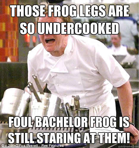 Those frog legs are so undercooked Foul Bachelor Frog is still staring at them!  gordon ramsay