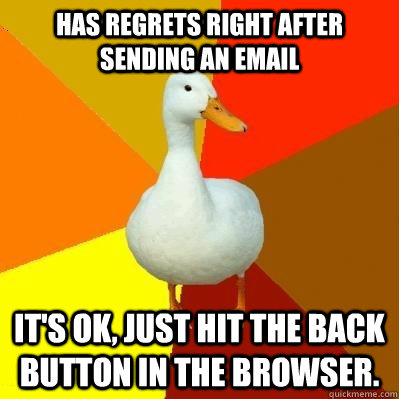 has regrets right after sending an email it's ok, just hit the back button in the browser.  Tech Impaired Duck