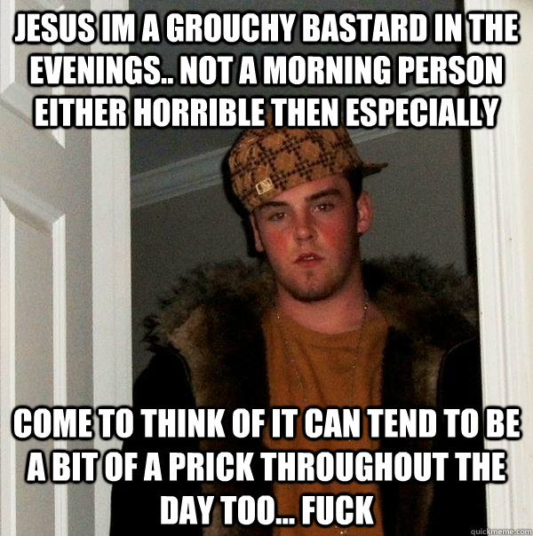 Jesus im a grouchy bastard in the evenings.. not a morning person either horrible then especially  come to think of it can tend to be a bit of a prick throughout the day too... fuck   Scumbag Steve