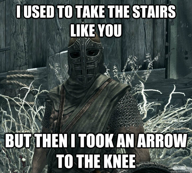 i used to take the stairs like you but then i took an arrow to the knee - i used to take the stairs like you but then i took an arrow to the knee  Skyrim Guard