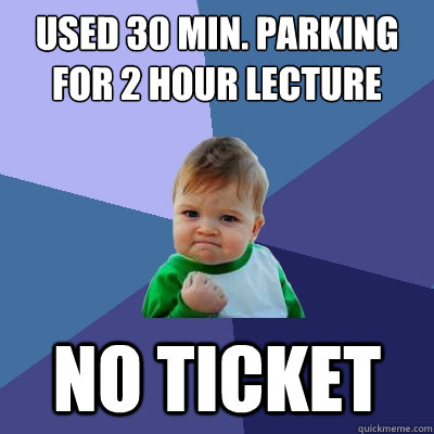 Used 30 Min. Parking for 2 hour lecture No Ticket - Used 30 Min. Parking for 2 hour lecture No Ticket  Success Kid