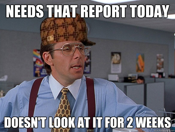 Needs that report today Doesn't look at it for 2 weeks - Needs that report today Doesn't look at it for 2 weeks  Misc