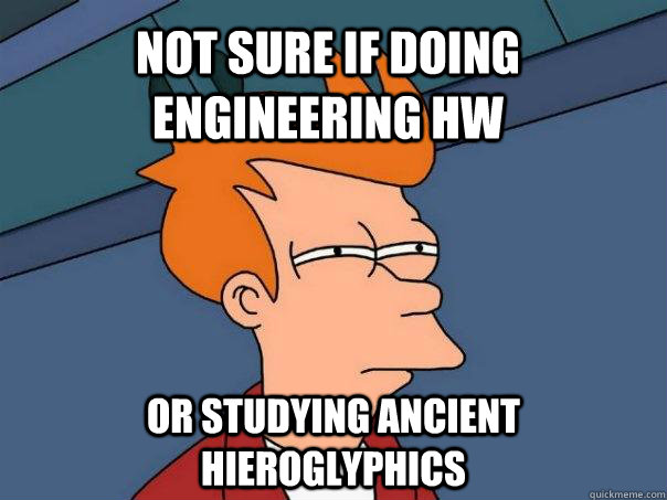 not sure if doing engineering hw or studying ancient hieroglyphics  Futurama Fry