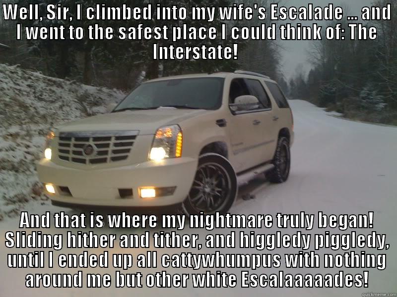 white escalade - WELL, SIR, I CLIMBED INTO MY WIFE'S ESCALADE ... AND I WENT TO THE SAFEST PLACE I COULD THINK OF: THE INTERSTATE!  AND THAT IS WHERE MY NIGHTMARE TRULY BEGAN! SLIDING HITHER AND TITHER, AND HIGGLEDY PIGGLEDY, UNTIL I ENDED UP ALL CATTYWHUMPUS WITH NOTHING AROUND ME BUT OTHER WHITE ESCALAAAAADES! Misc