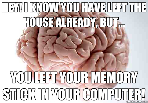 HEY! I KNOW YOU HAVE LEFT THE HOUSE ALREADY, BUT... YOU LEFT YOUR MEMORY STICK IN YOUR COMPUTER!  Scumbag Brain