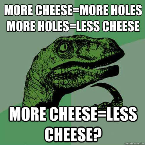 More cheese=more holes
More holes=less cheese More cheese=less cheese?  Philosoraptor