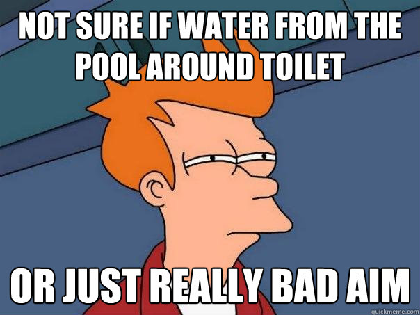 not sure if water from the pool around toilet or just really bad aim  Futurama Fry