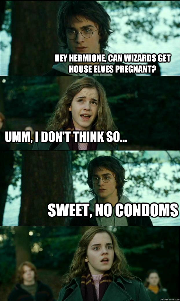 Hey hermione, can wizards get house elves pregnant? Umm, I don't think so... Sweet, no condoms  Horny Harry