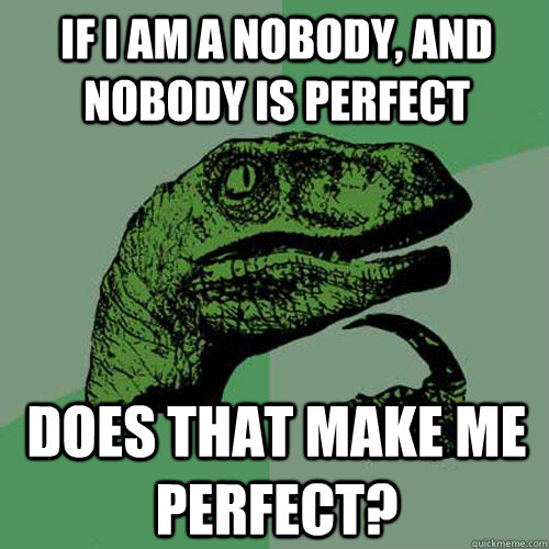 If i am a nobody, and nobody is perfect does that make me perfect?  Philosoraptor