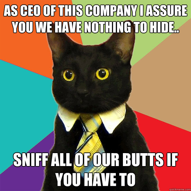 as CEO of this company I assure you we have nothing to hide.. sniff all of our butts if you have to  Business Cat