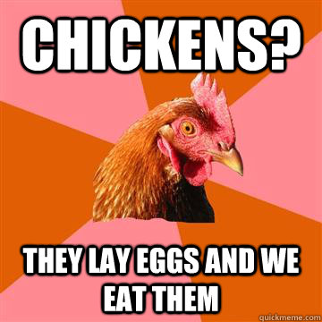 chickens? they lay eggs and we eat them - chickens? they lay eggs and we eat them  Anti-Joke Chicken