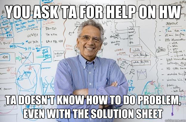 you ask ta for help on hw ta doesn't know how to do problem, even with the solution sheet  Engineering Professor