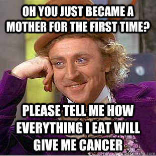 Oh you just became a mother for the first time? please tell me how everything I eat will give me cancer - Oh you just became a mother for the first time? please tell me how everything I eat will give me cancer  Condescending Wonka