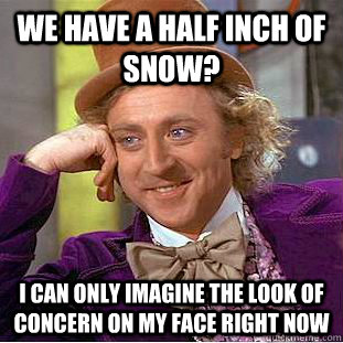 We have a half inch of snow? I can only imagine the look of concern on my face right now  Creepy Wonka