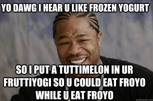 YO DAWG I HEAR U LIKE FROZEN YOGURT so I PUT A TUTTIMELON IN UR FRUTTIYOGI SO U COULD EAT FROYO WHILE U EAT FROYO  Xzibit meme