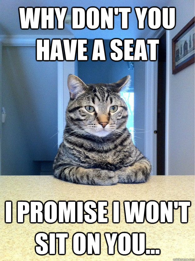 Why don't you have a seat I promise I won't sit on you...  Chris Hansen Cat