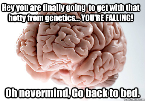 Hey you are finally going  to get with that hotty from genetics... YOU'RE FALLING! Oh nevermind, Go back to bed.   Scumbag Brain