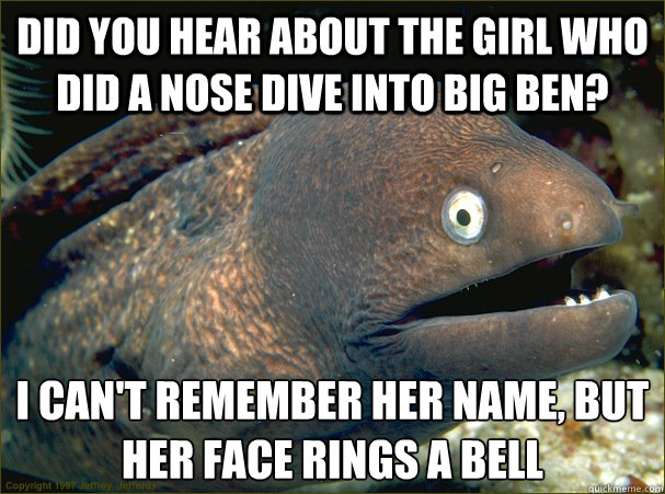 Did you hear about the girl who did a nose dive into Big Ben? I can't remember her name, but her face rings a bell  Bad Joke Eel