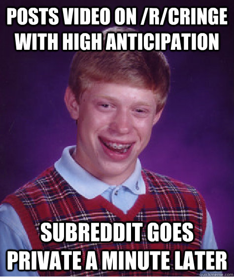 posts video on /r/cringe with high anticipation subreddit goes private a minute later - posts video on /r/cringe with high anticipation subreddit goes private a minute later  Bad Luck Brian