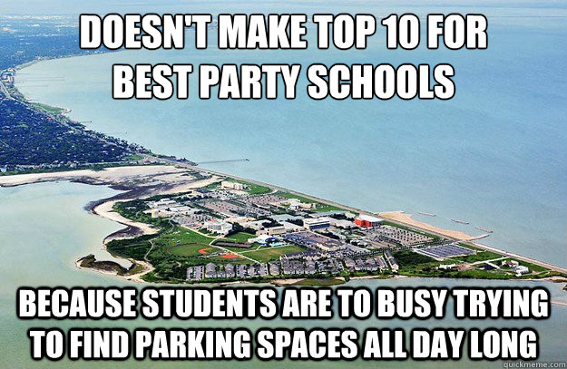 Doesn't make top 10 for
best party schools because students are to busy trying to find parking spaces all day long - Doesn't make top 10 for
best party schools because students are to busy trying to find parking spaces all day long  tamucc