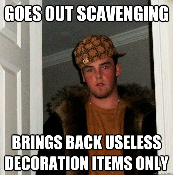 Goes out scavenging Brings back useless decoration items only  Scumbag Steve