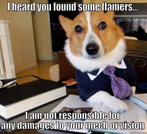 I HEARD YOU FOUND SOME FLAMERS... I AM NOT RESPONSIBLE FOR ANY DAMAGES TO YOUR MECH OR VISION Lawyer Dog