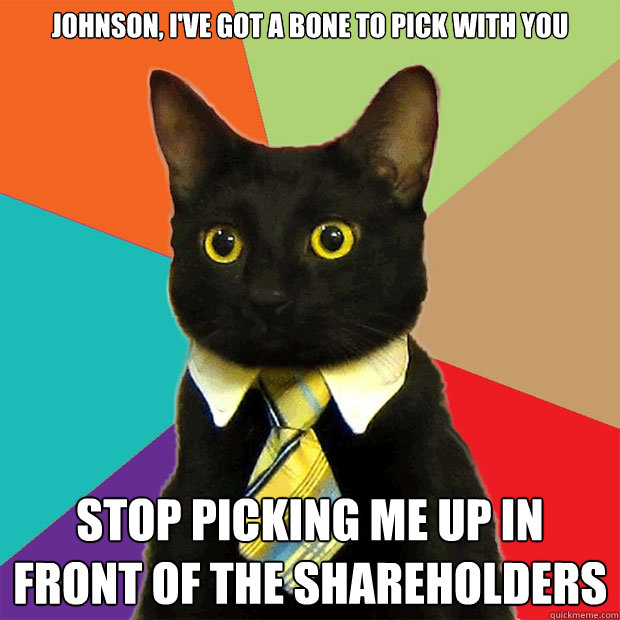 JOHNSON, I'VE GOT A BONE TO PICK WITH YOU STOP PICKING ME UP IN FRONT OF THE SHAREHOLDERS  Business Cat