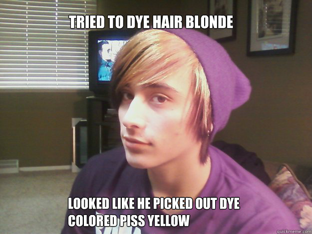 tried to dye hair blonde looked like he picked out dye colored Piss yellow  Hipster Alejandro