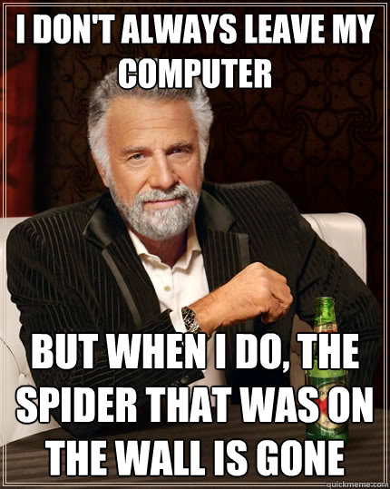 I don't always leave my computer But when I do, the spider that was on the wall is gone  The Most Interesting Man In The World