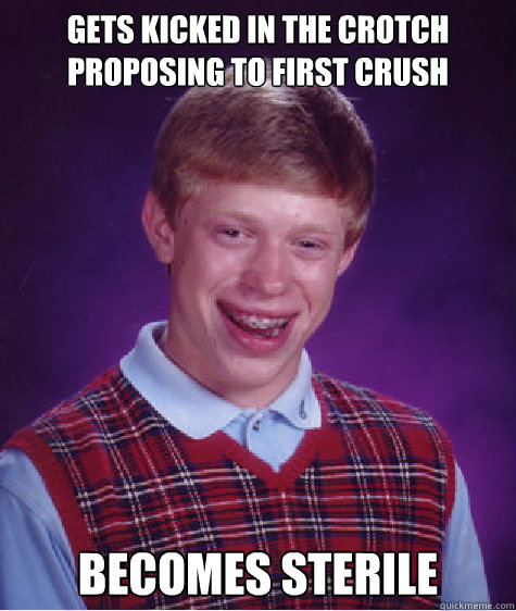 Gets kicked in the crotch proposing to first crush Becomes sterile  Bad Luck Brian