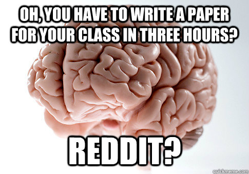 Oh, you have to write a paper for your class in three hours? Reddit?  Scumbag Brain