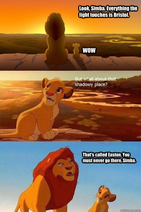 Look, Simba. Everything the light touches is Bristol. WOW That's called Easton. You must never go there, Simba.   Lion King Shadowy Place