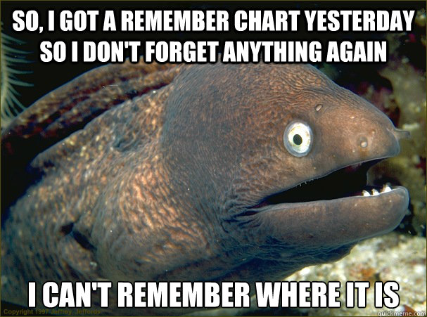 So, I got a remember chart yesterday so I don't forget anything again I can't remember where it is  Bad Joke Eel