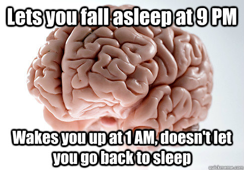 Lets you fall asleep at 9 PM Wakes you up at 1 AM, doesn't let you go back to sleep  - Lets you fall asleep at 9 PM Wakes you up at 1 AM, doesn't let you go back to sleep   Scumbag Brain