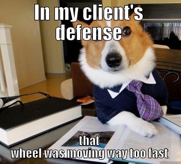 Chasing cars - IN MY CLIENT'S DEFENSE THAT WHEEL WAS MOVING WAY TOO FAST Lawyer Dog