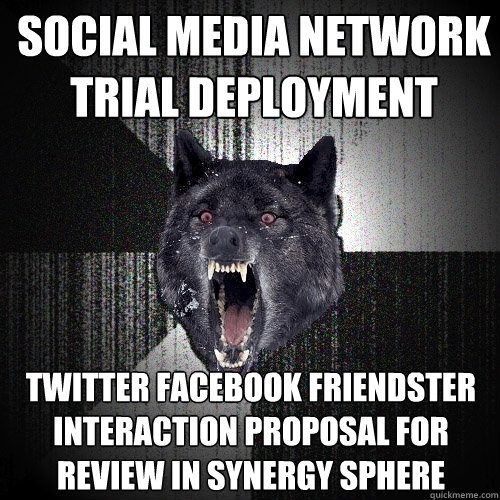 SOCIAL MEDIA NETWORK TRIAL DEPLOYMENT TWITTER FACEBOOK FRIENDSTER INTERACTION PROPOSAL FOR REVIEW IN SYNERGY SPHERE  Insanity Wolf